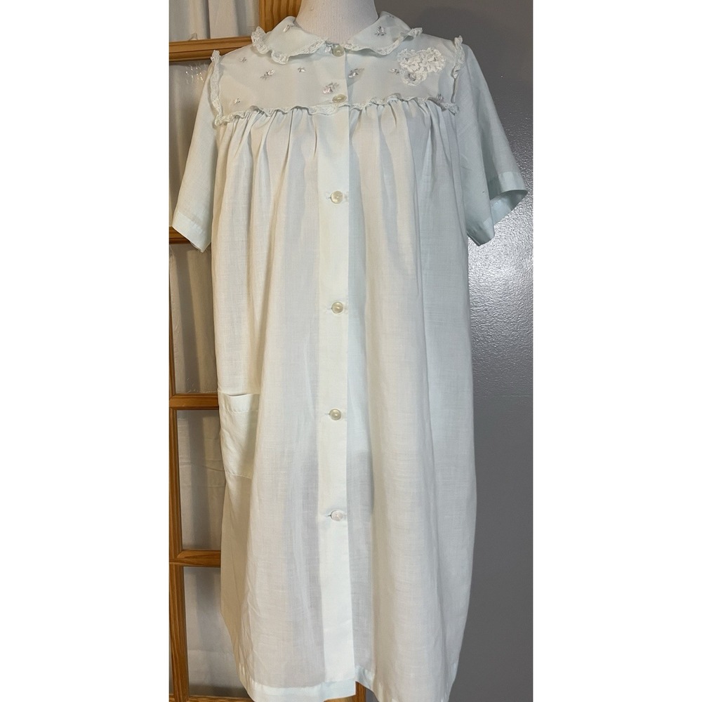 Vtg 80s Sears Button Down Nightgown 36 Aqua Blue Perma-Prest Polycotton USA Made